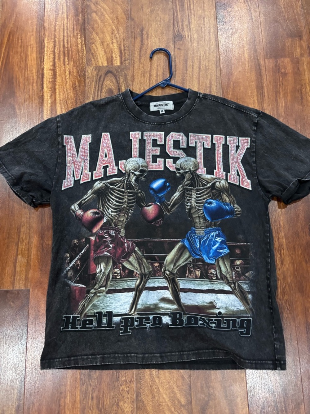 Majestik Black Graphic Boxing Skeleton Tee with Red and Blue Accents